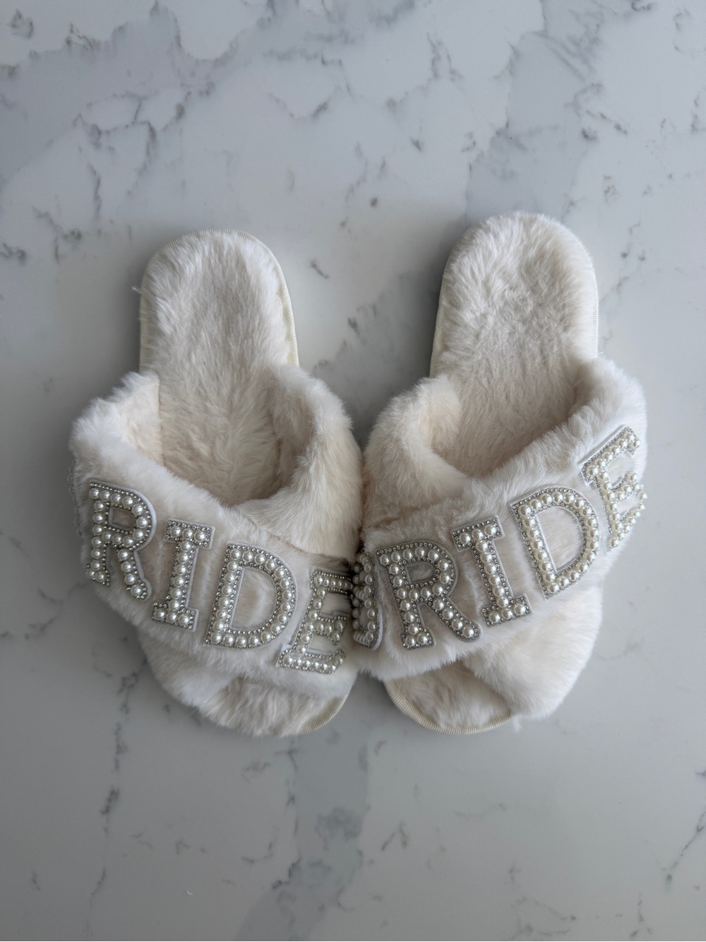 Beaded 'BRIDE' Faux Fur Slippers - Ivory